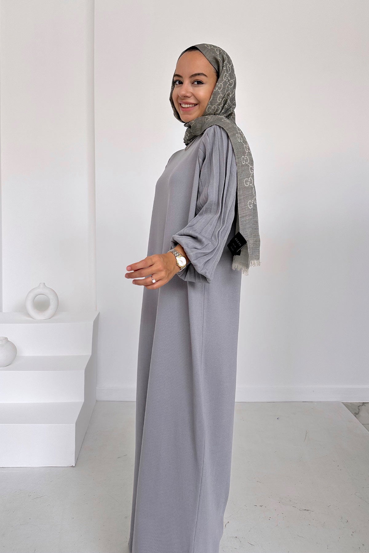 Balloon Sleeve Mercerized Dress - Grey