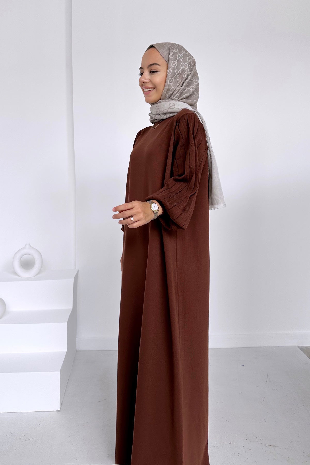 Balloon Sleeve Mercerized Dress - Brown