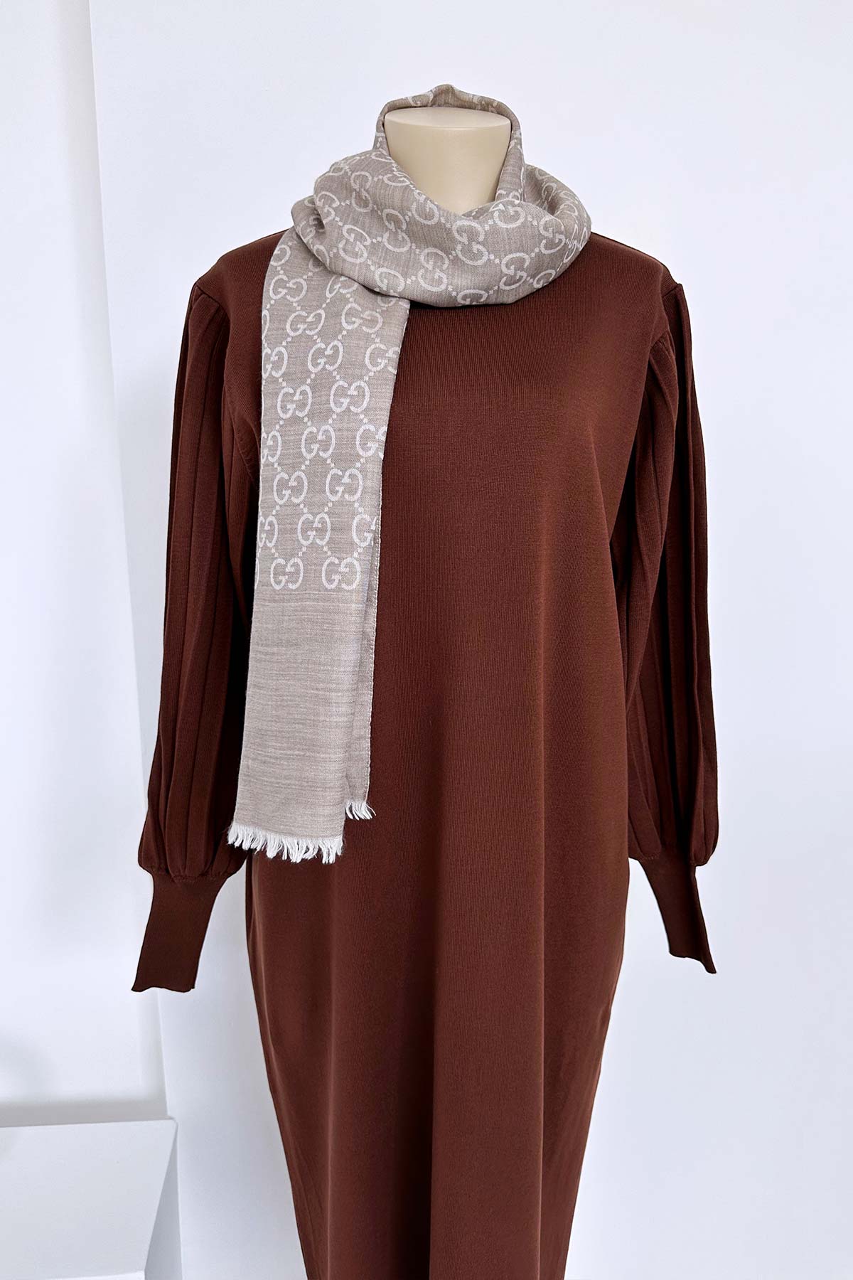 Balloon Sleeve Mercerized Dress - Brown