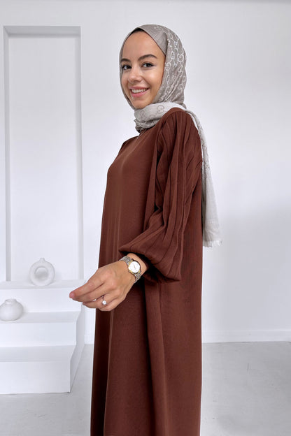 Balloon Sleeve Mercerized Dress - Brown