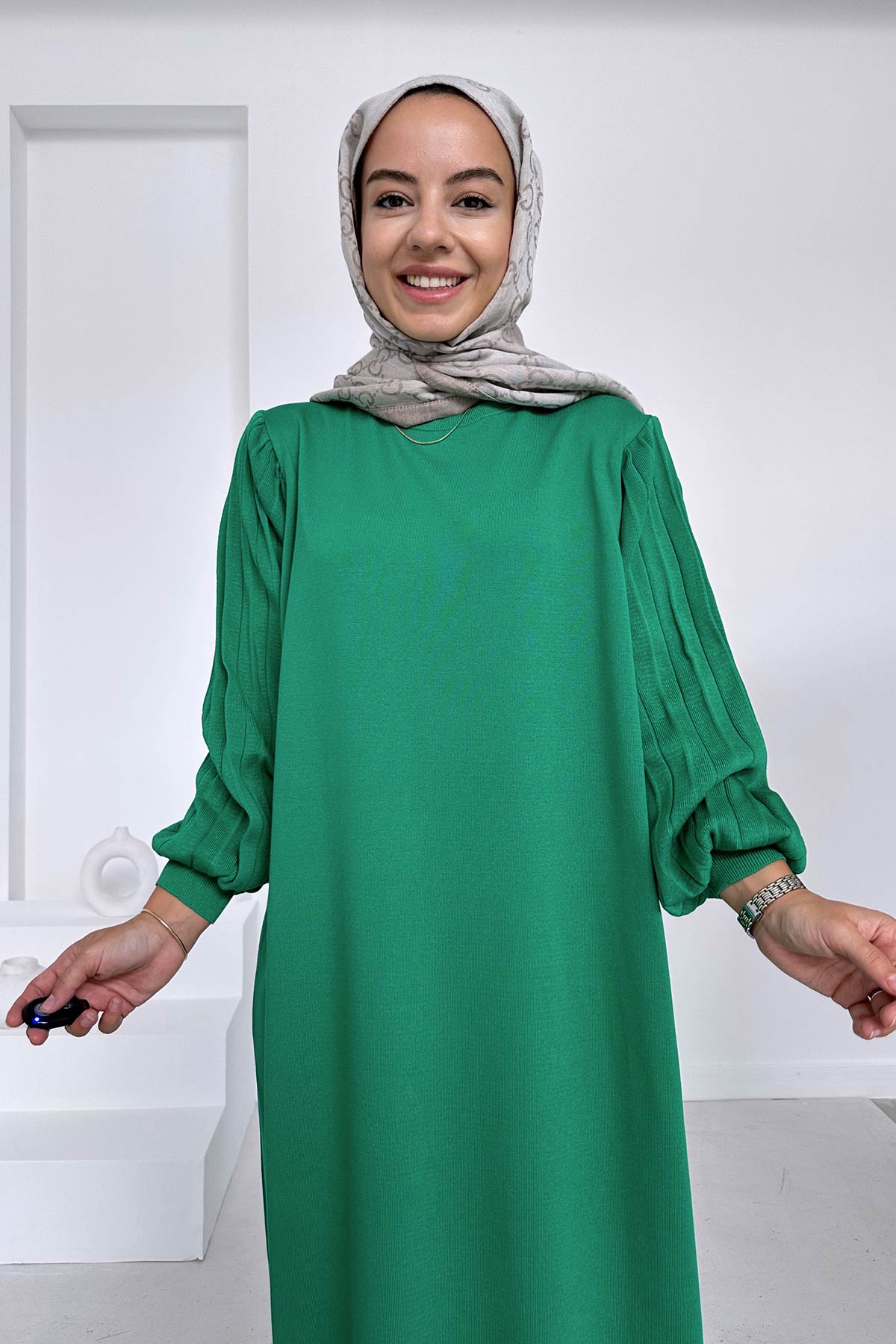 Balloon Sleeve Mercerized Dress - Green