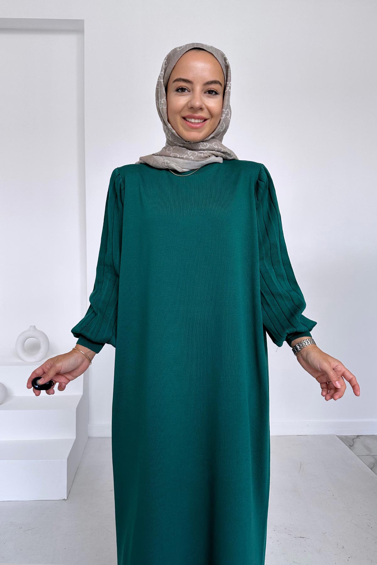 Balloon Sleeve Mercerized Dress - Emerald Color