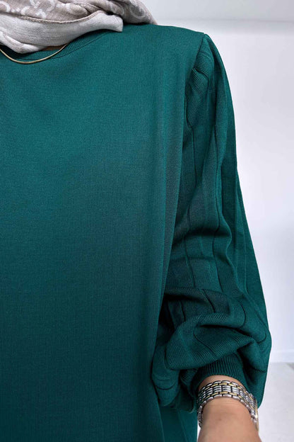 Balloon Sleeve Mercerized Dress - Emerald Color