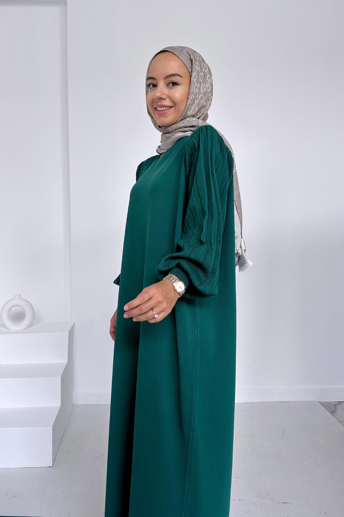 Balloon Sleeve Mercerized Dress - Emerald Color