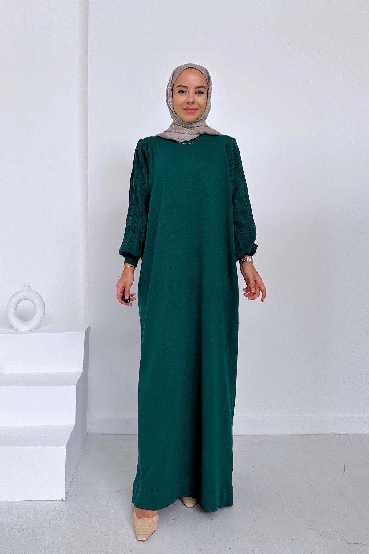 Balloon Sleeve Mercerized Dress - Emerald Color