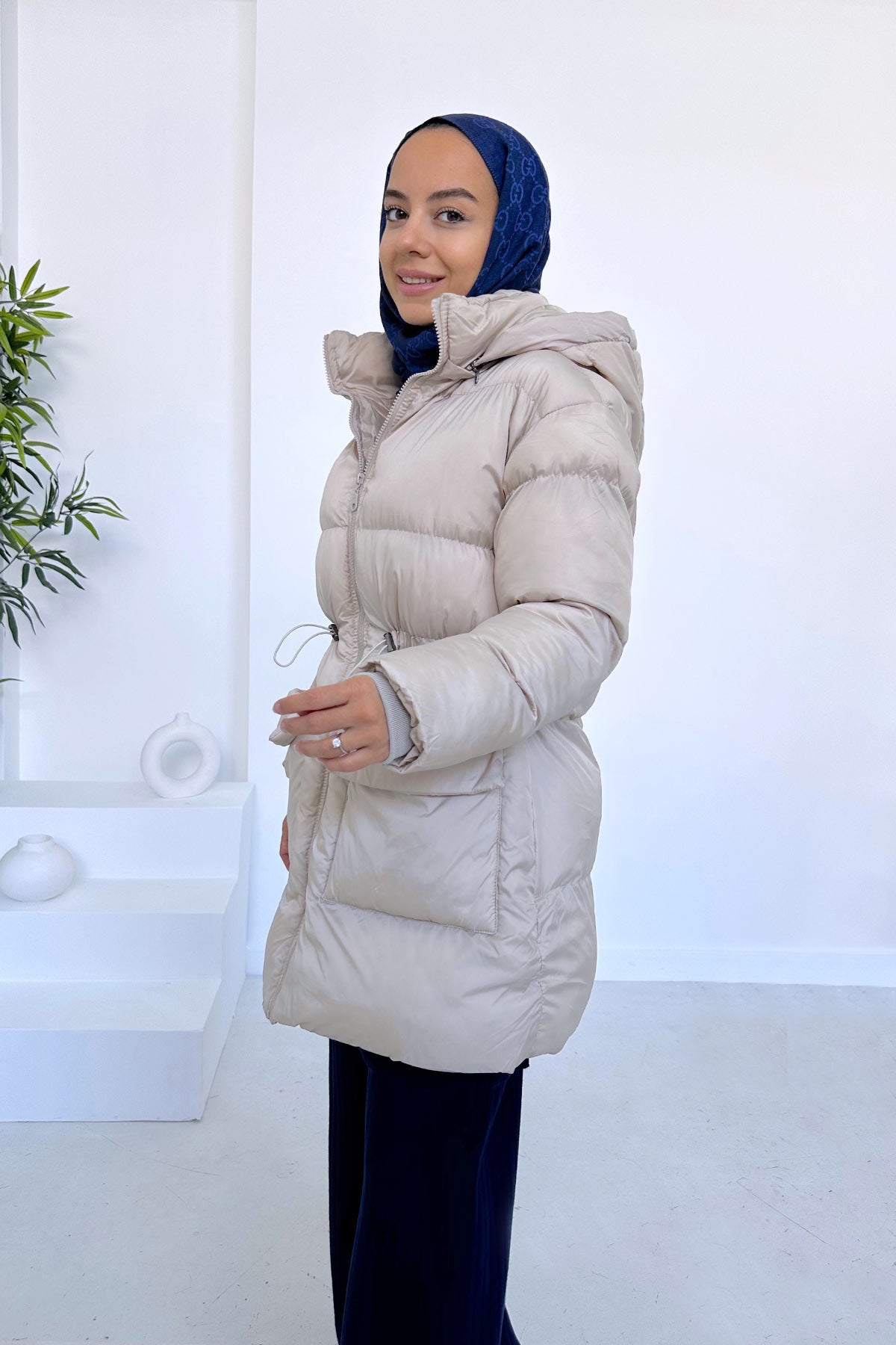 Hooded Pouf Coat with Drawstring Waist - Beige