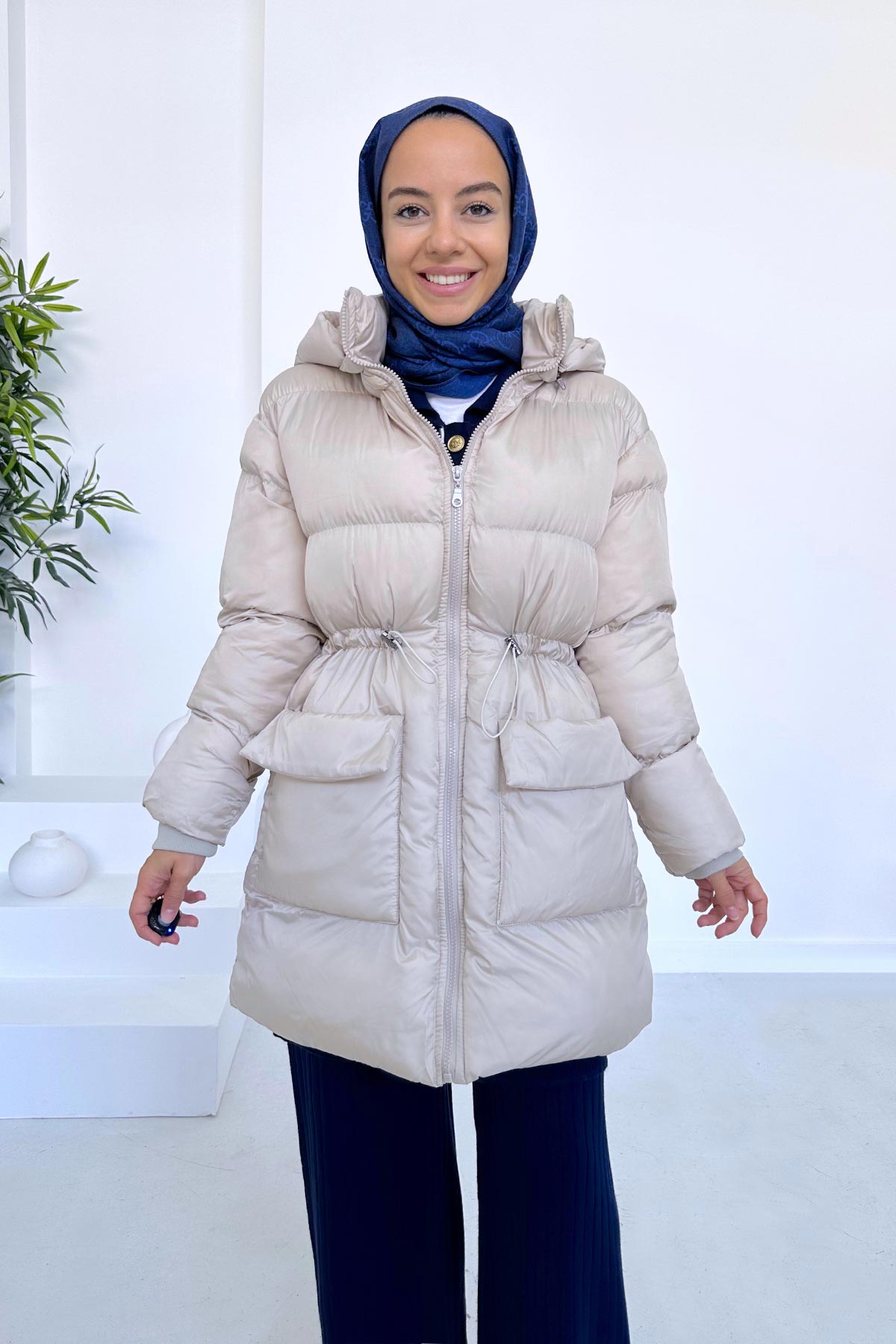 Hooded Pouf Coat with Drawstring Waist - Beige