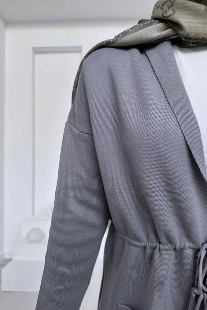 Waist-Tied Double Pocket Mercerized Cardigan - Grey