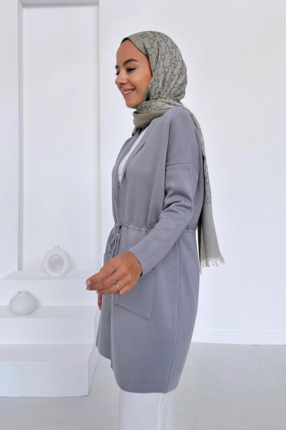 Waist-Tied Double Pocket Mercerized Cardigan - Grey