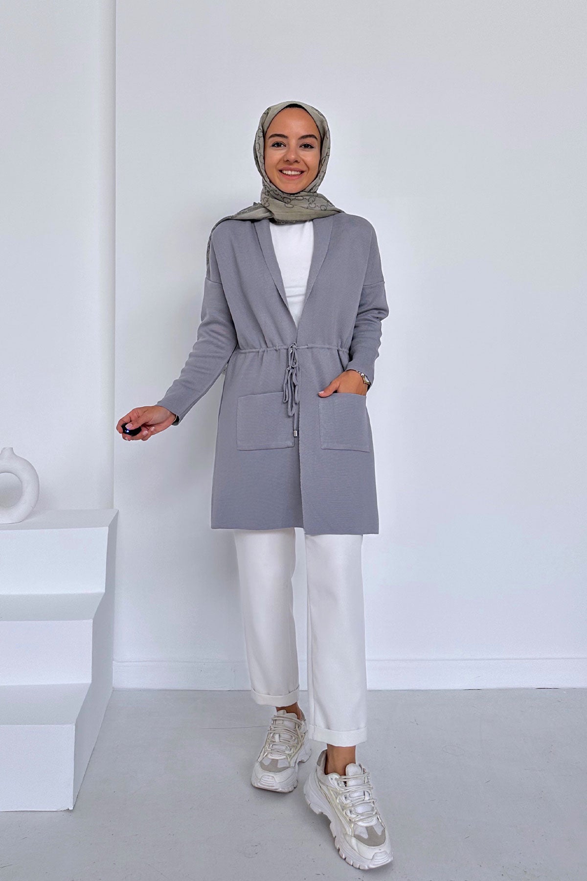 Waist-Tied Double Pocket Mercerized Cardigan - Grey