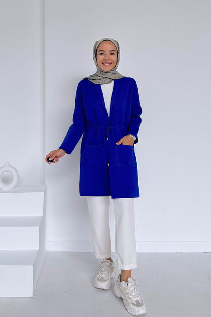 Waist-Tied Double Pocket Mercerized Cardigan - Saxe