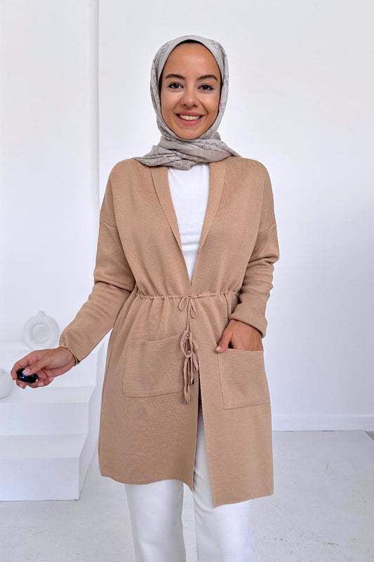 Waist-Tied Double Pocket Mercerized Cardigan - Coffee Milk