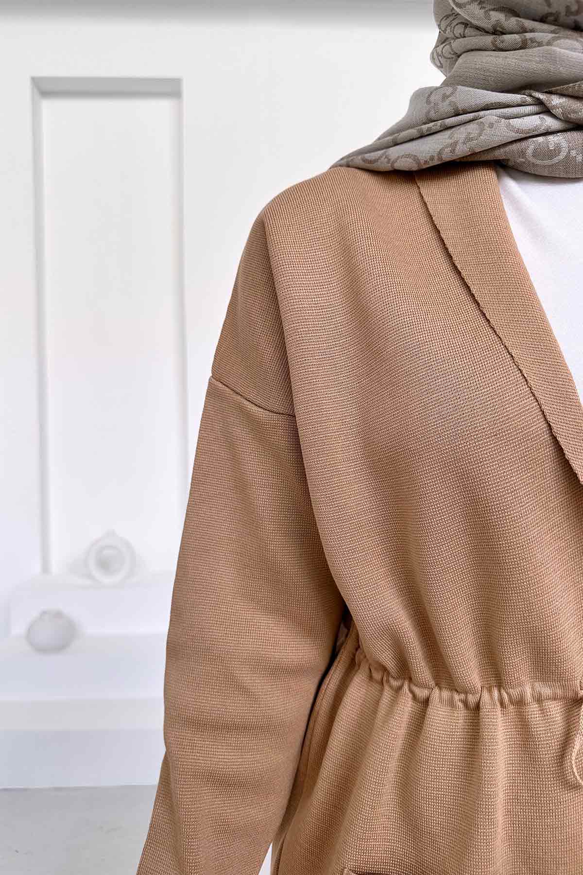 Waist-Tied Double Pocket Mercerized Cardigan - Coffee Milk