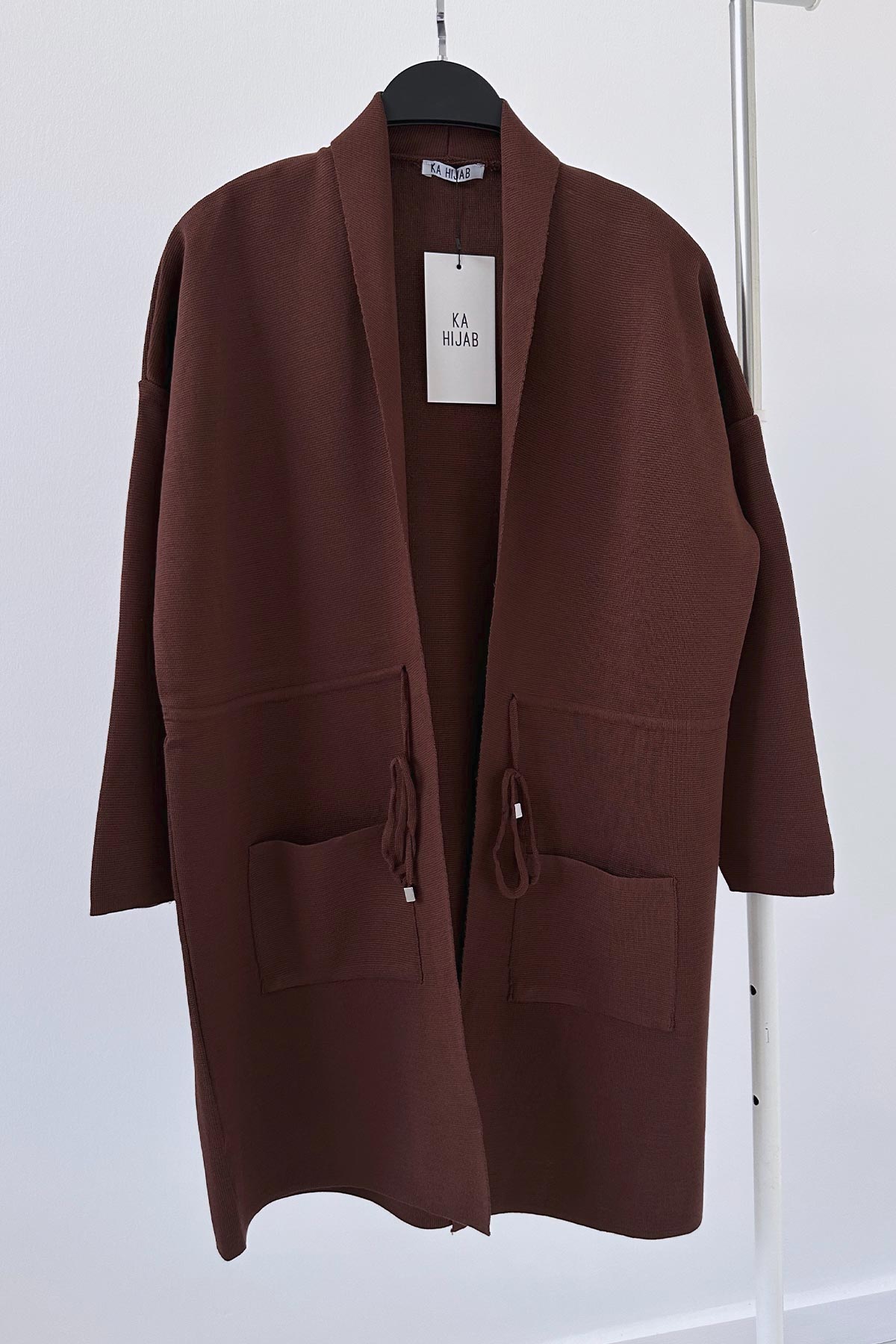 Waist-Tied Double Pocket Mercerized Cardigan - Brown