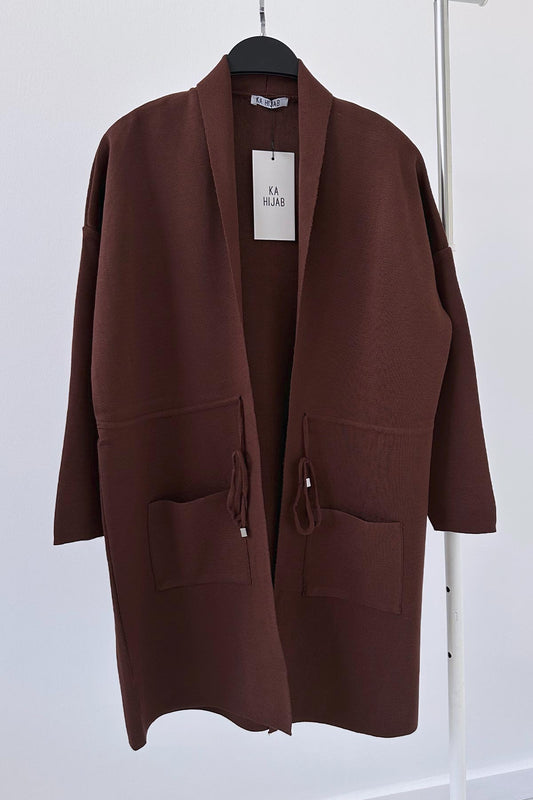 Waist-Tied Double Pocket Mercerized Cardigan - Brown