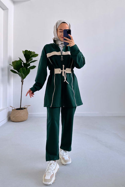 Striped Waist Elasticated Suit - Emerald Color