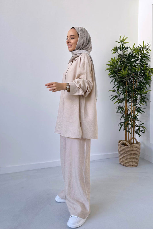 Wide Leg Shirt & Pants Suit - Beige