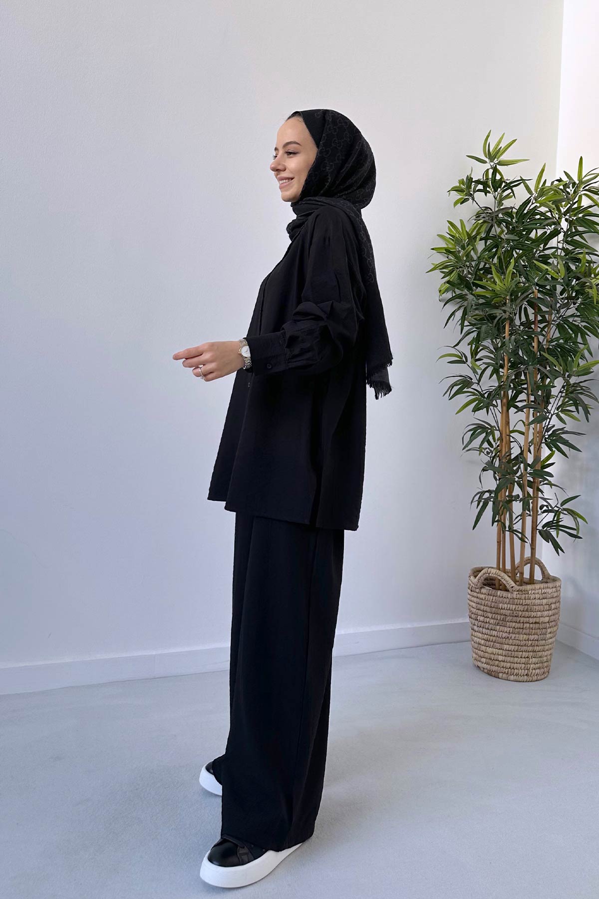 Wide Leg Shirt & Pants Suit - Black