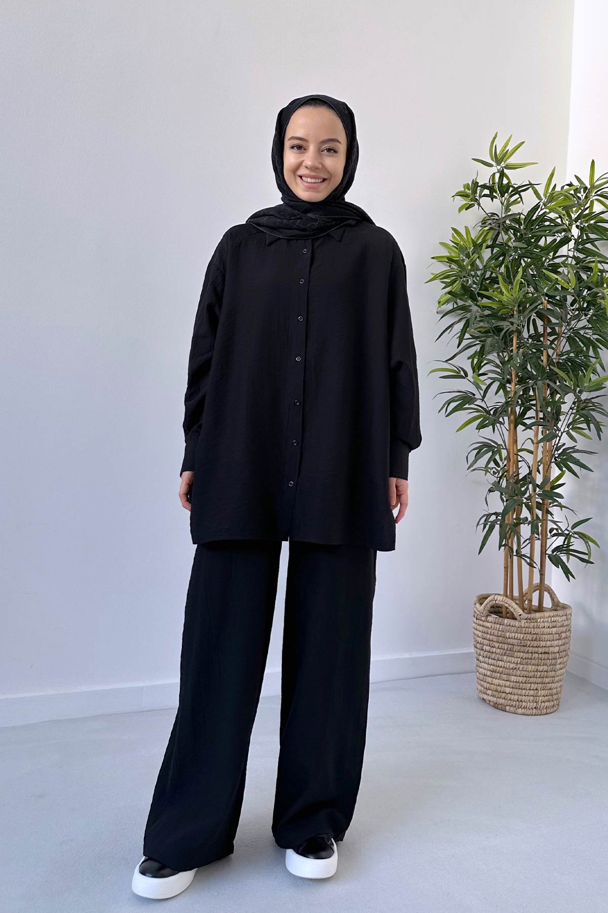 Wide Leg Shirt & Pants Suit - Black