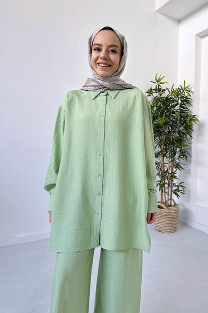 Wide Leg Shirt & Pants Suit - Green