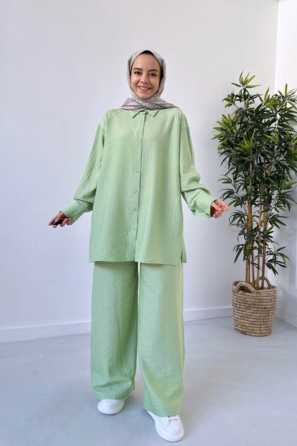 Wide Leg Shirt & Pants Suit - Green