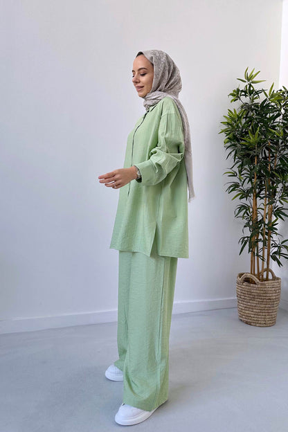 Wide Leg Shirt & Pants Suit - Green