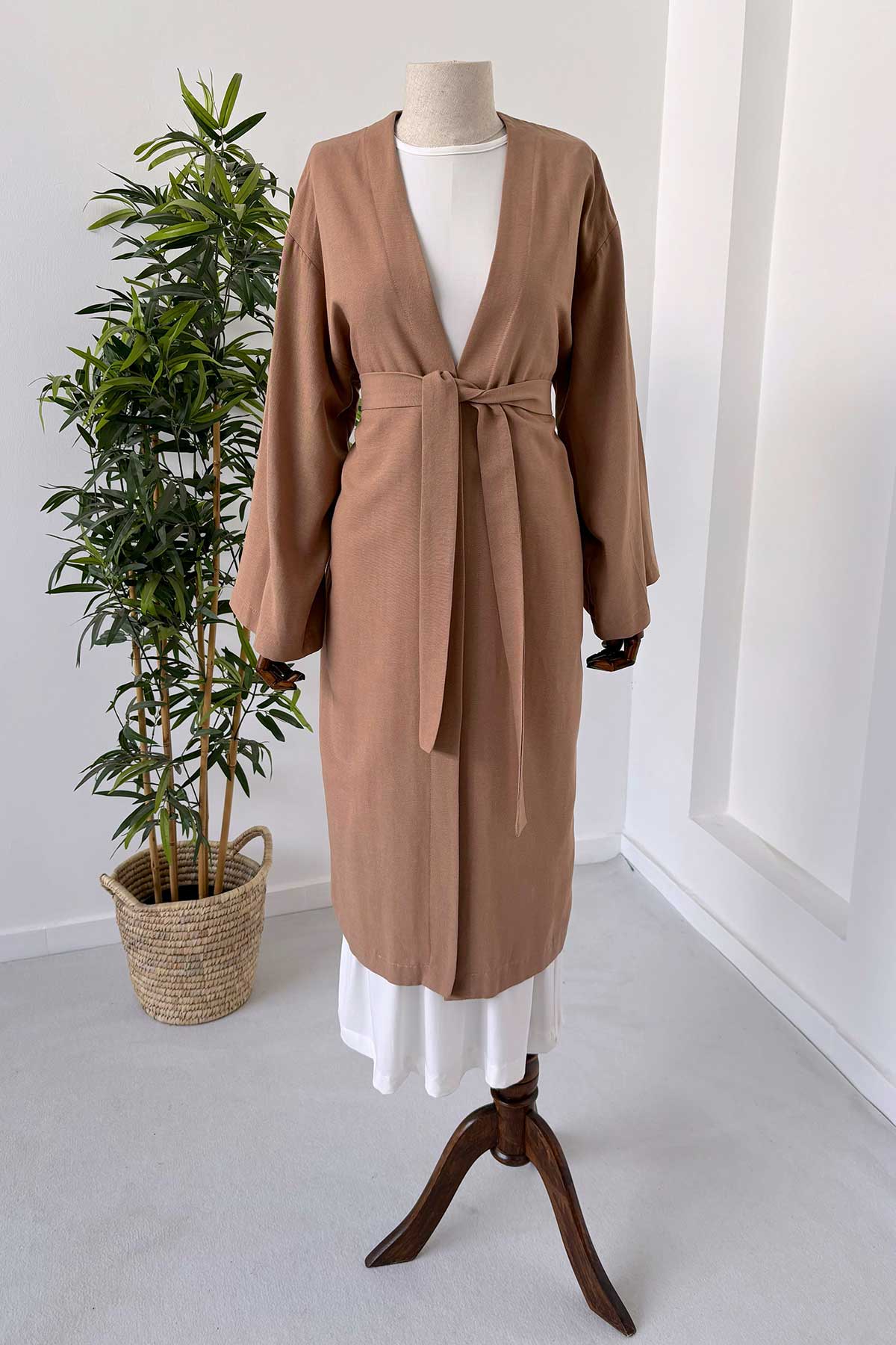 Long Belted Linen Kimono - Camel