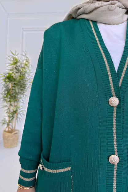 Double Pocket Sparkling Mercerized Cardigan - Emerald Color