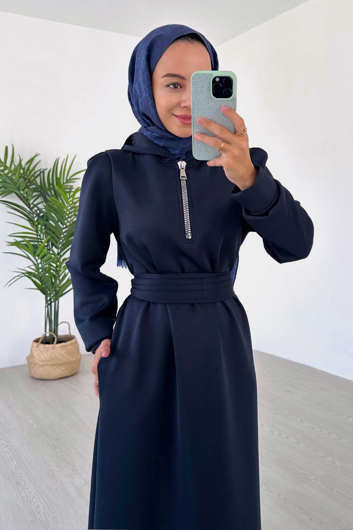 Zipper Detail Hooded Scuba Dress - Navy Blue