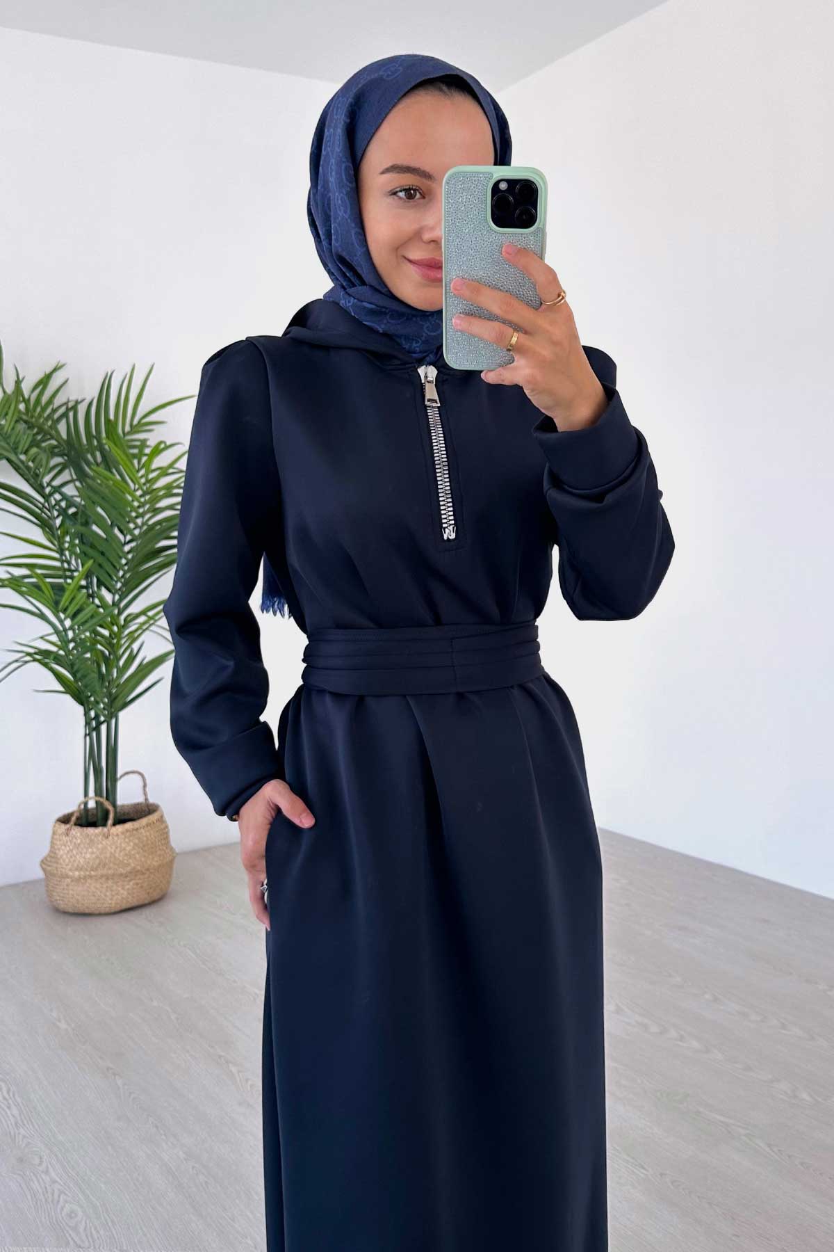 Zipper Detail Hooded Scuba Dress - Navy Blue