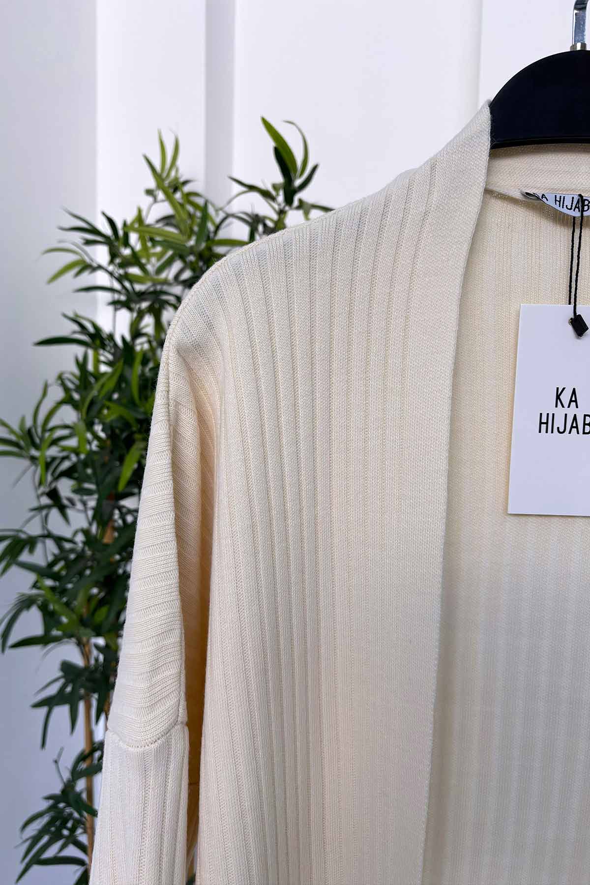 Ribbed Long Knit Cardigan - Beige