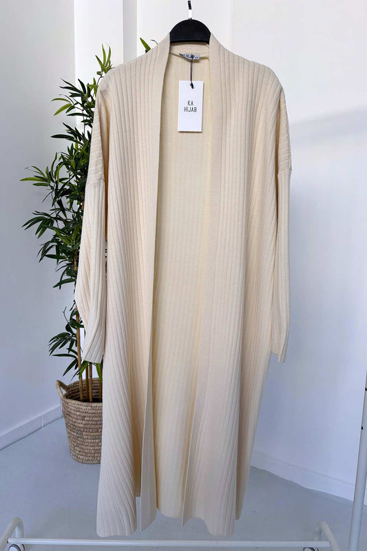 Ribbed Long Knit Cardigan - Beige