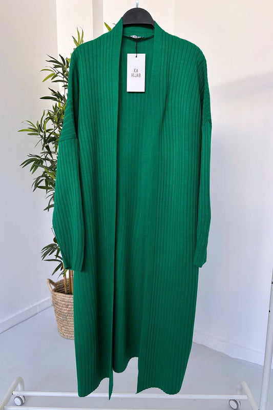 Ribbed Long Knit Cardigan - Green