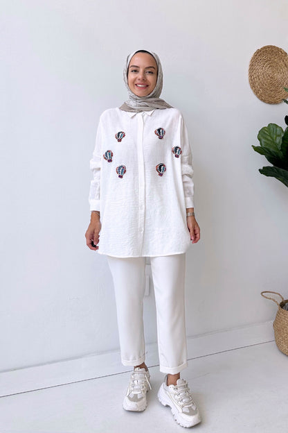 Fish Embroidered Linen Shirt - White