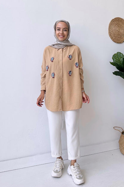 Fish Embroidered Linen Shirt - Camel