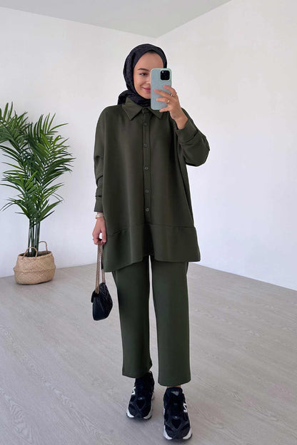 Shirt Collar Side Slit Modal Suit - Khaki