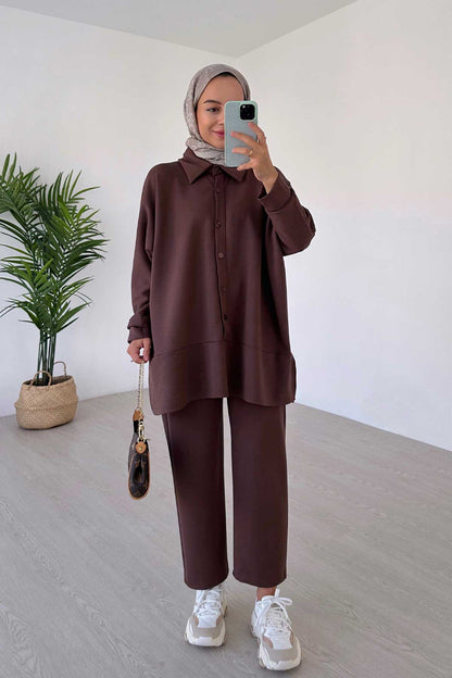 Shirt Collar Side Slit Modal Suit - Brown