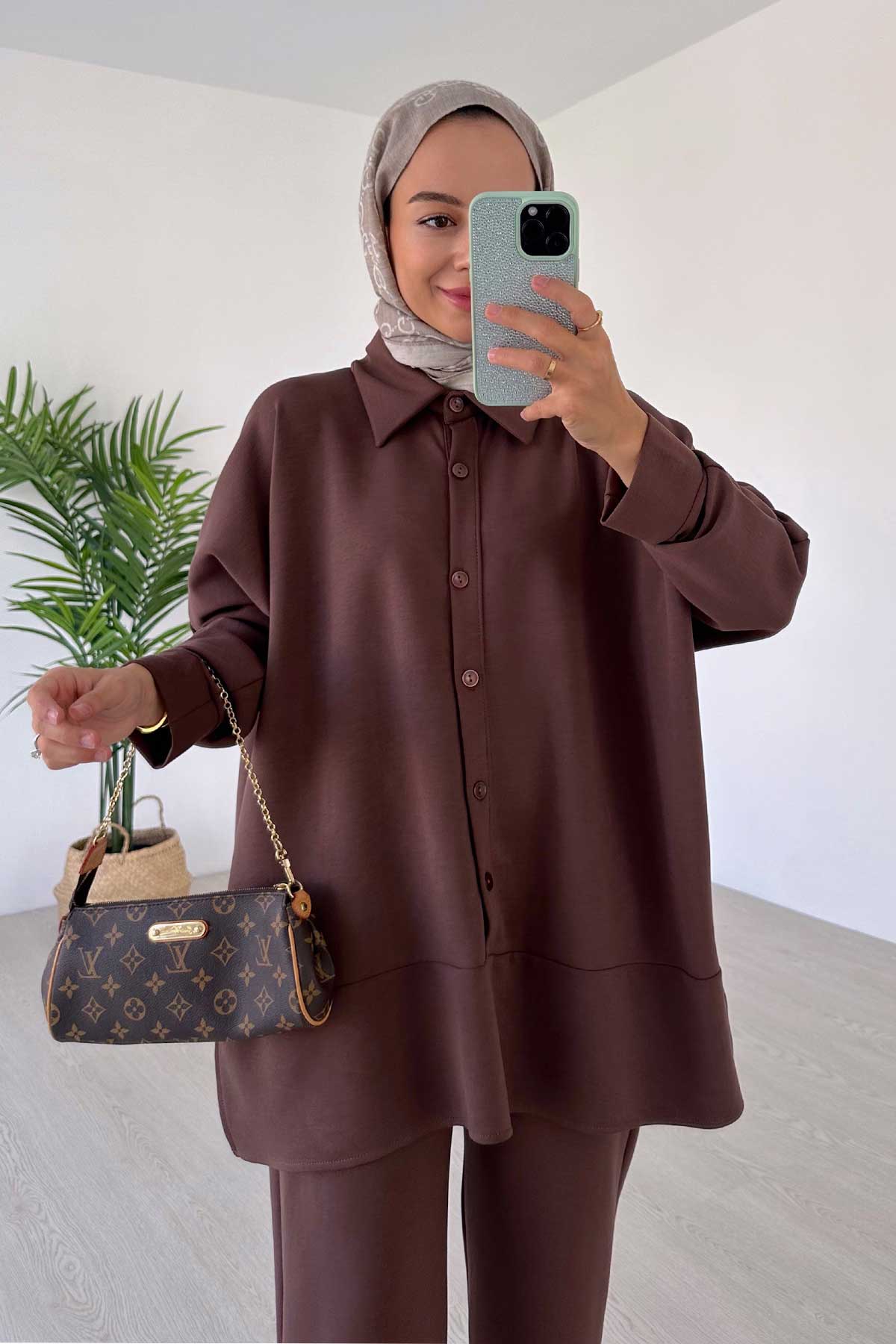 Shirt Collar Side Slit Modal Suit - Brown