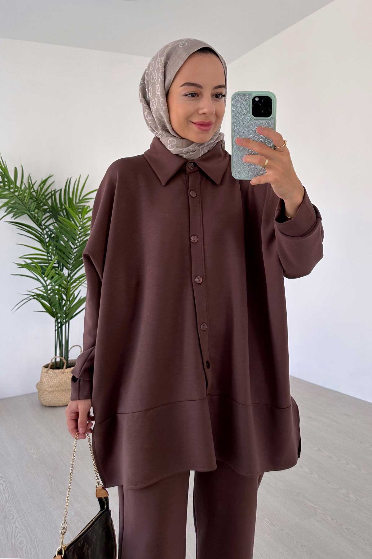 Shirt Collar Side Slit Modal Suit - Brown