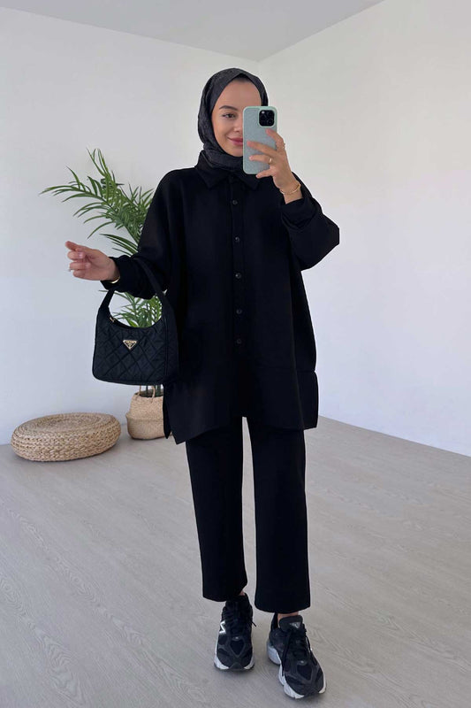 Shirt Collar Side Slit Modal Suit - Black