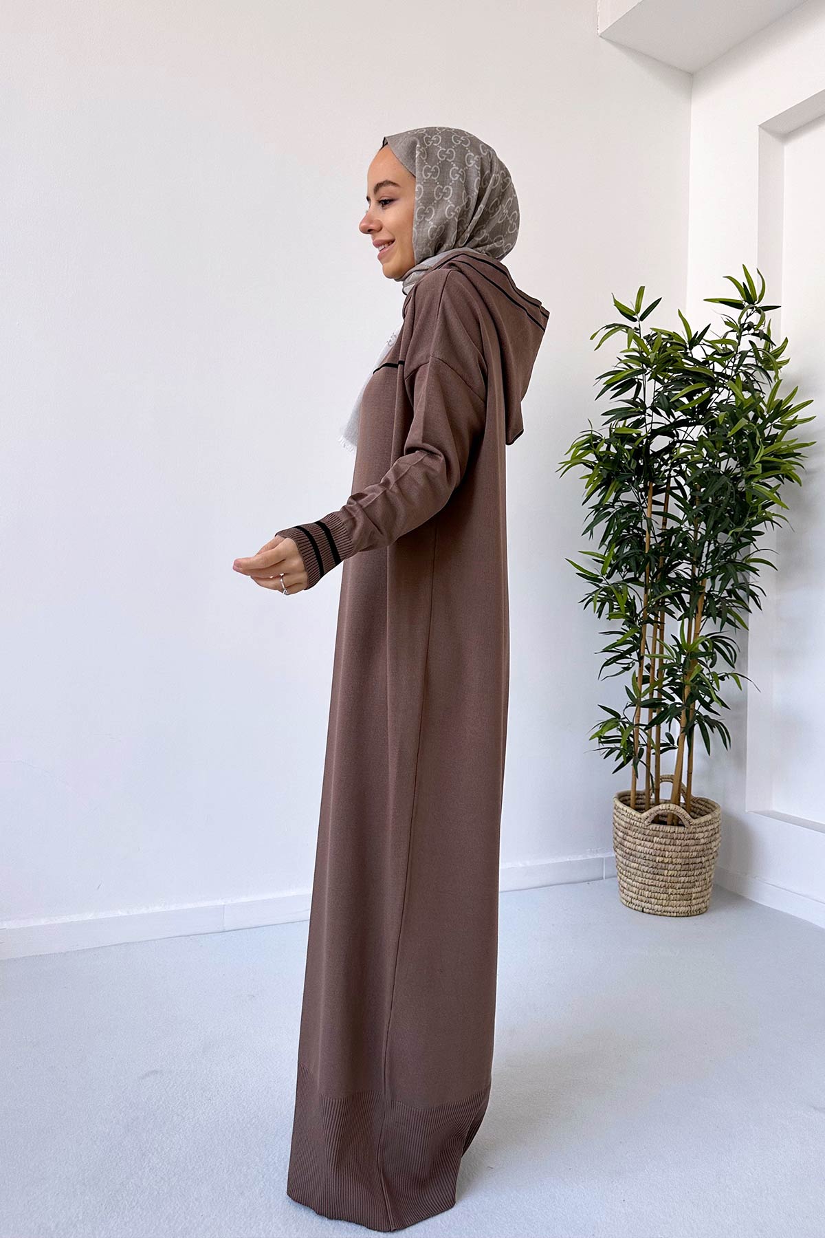 Hooded Mercerized Dress - Brown