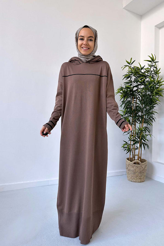 Hooded Mercerized Dress - Brown