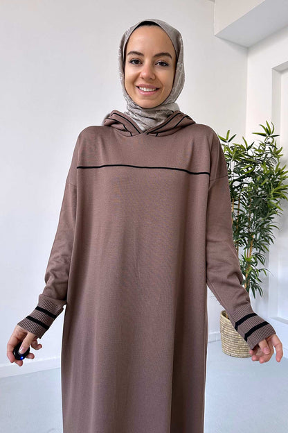 Hooded Mercerized Dress - Brown