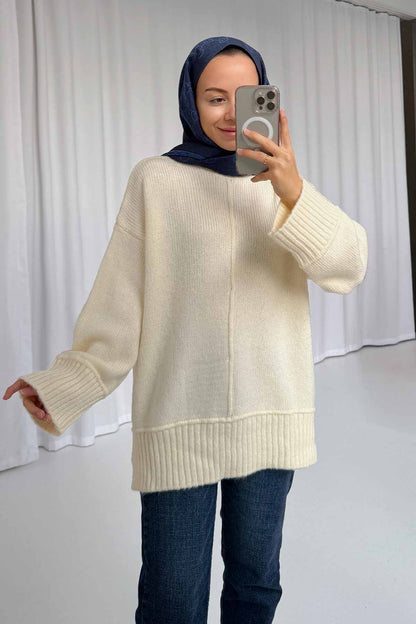 Crew Neck Low Sleeve Oversize Sweater - Cream