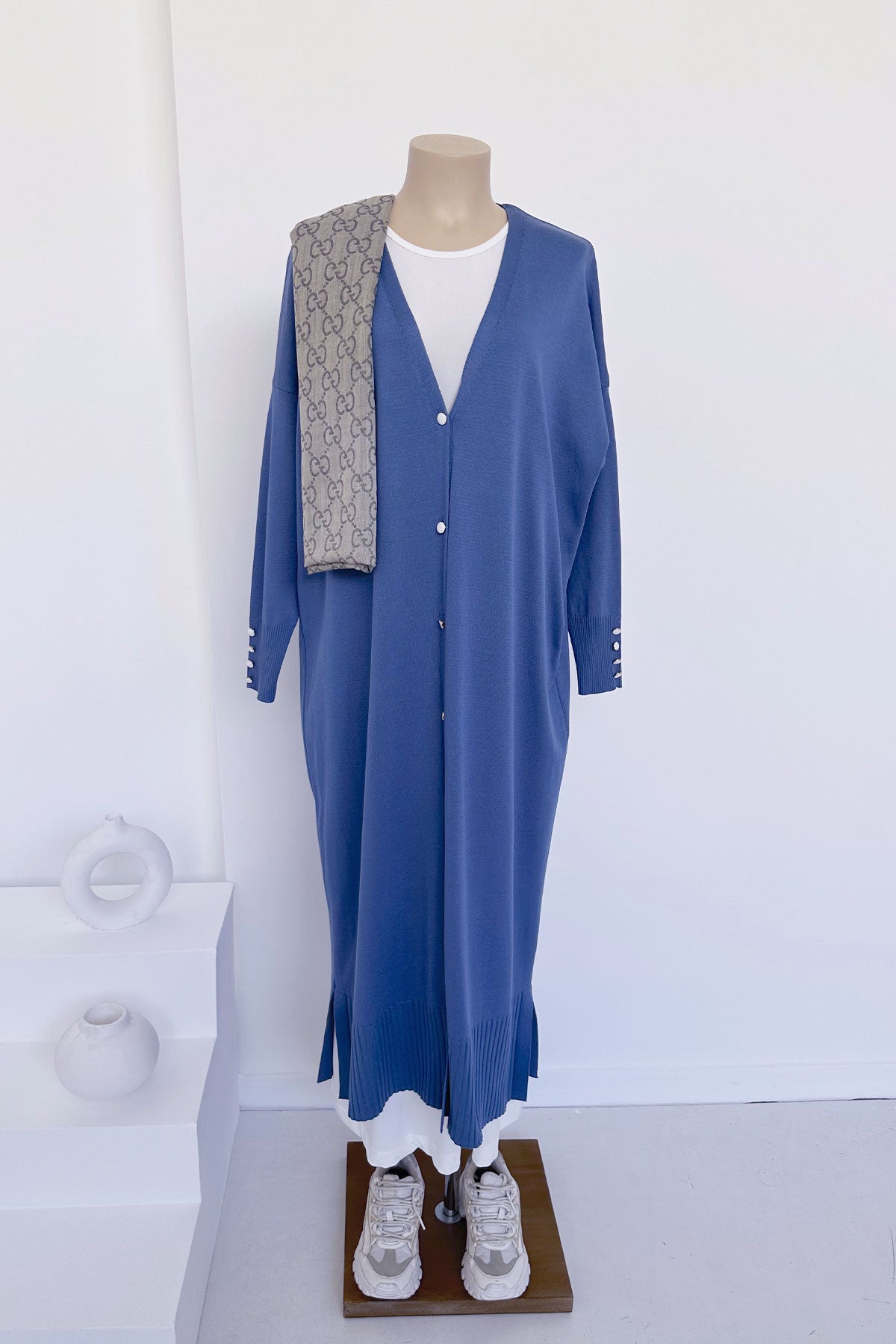 Maxi-Length Buttoned Mercerized Cardigan - Indigo