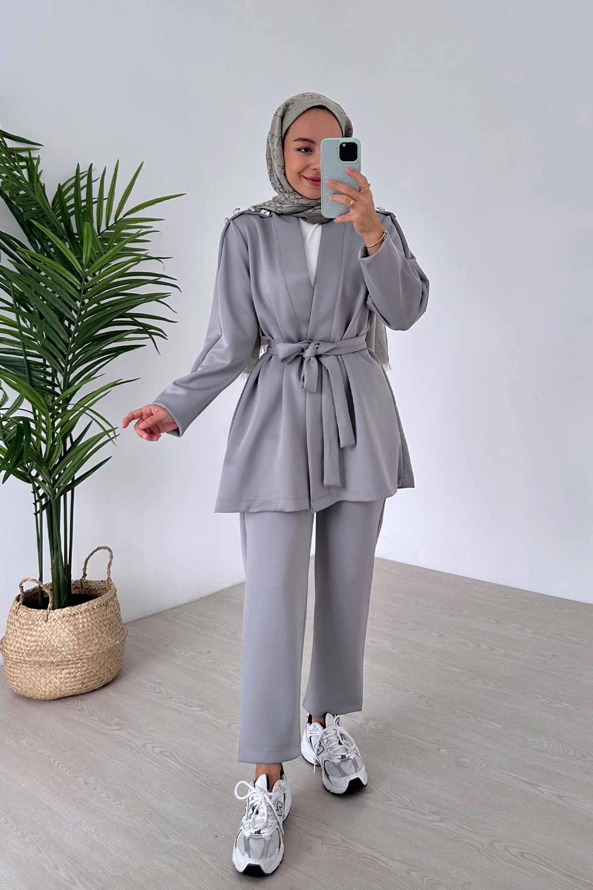 Shoulder Detail Double Kimono Scuba Suit - Grey