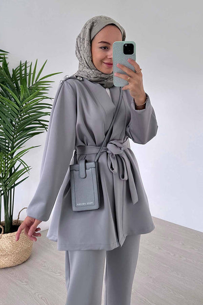 Shoulder Detail Double Kimono Scuba Suit - Grey