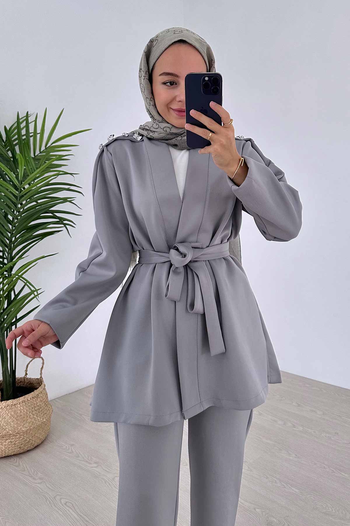 Shoulder Detail Double Kimono Scuba Suit - Grey