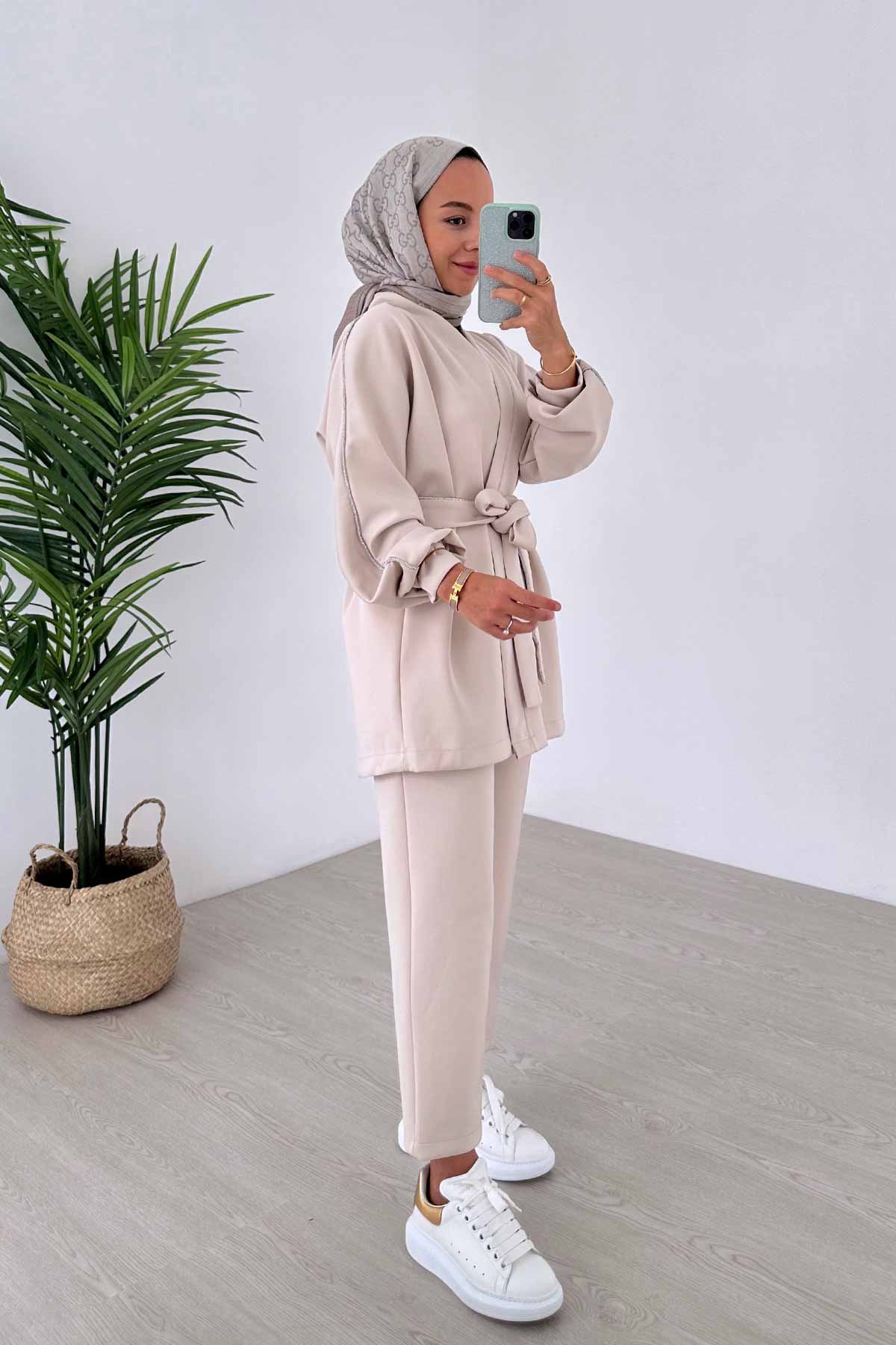 Glitter Biye Double Kimono Scuba Suit - Beige