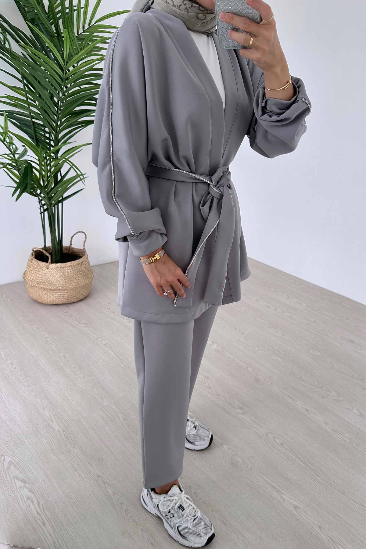 Glitter Biye Double Kimono Scuba Suit - Grey